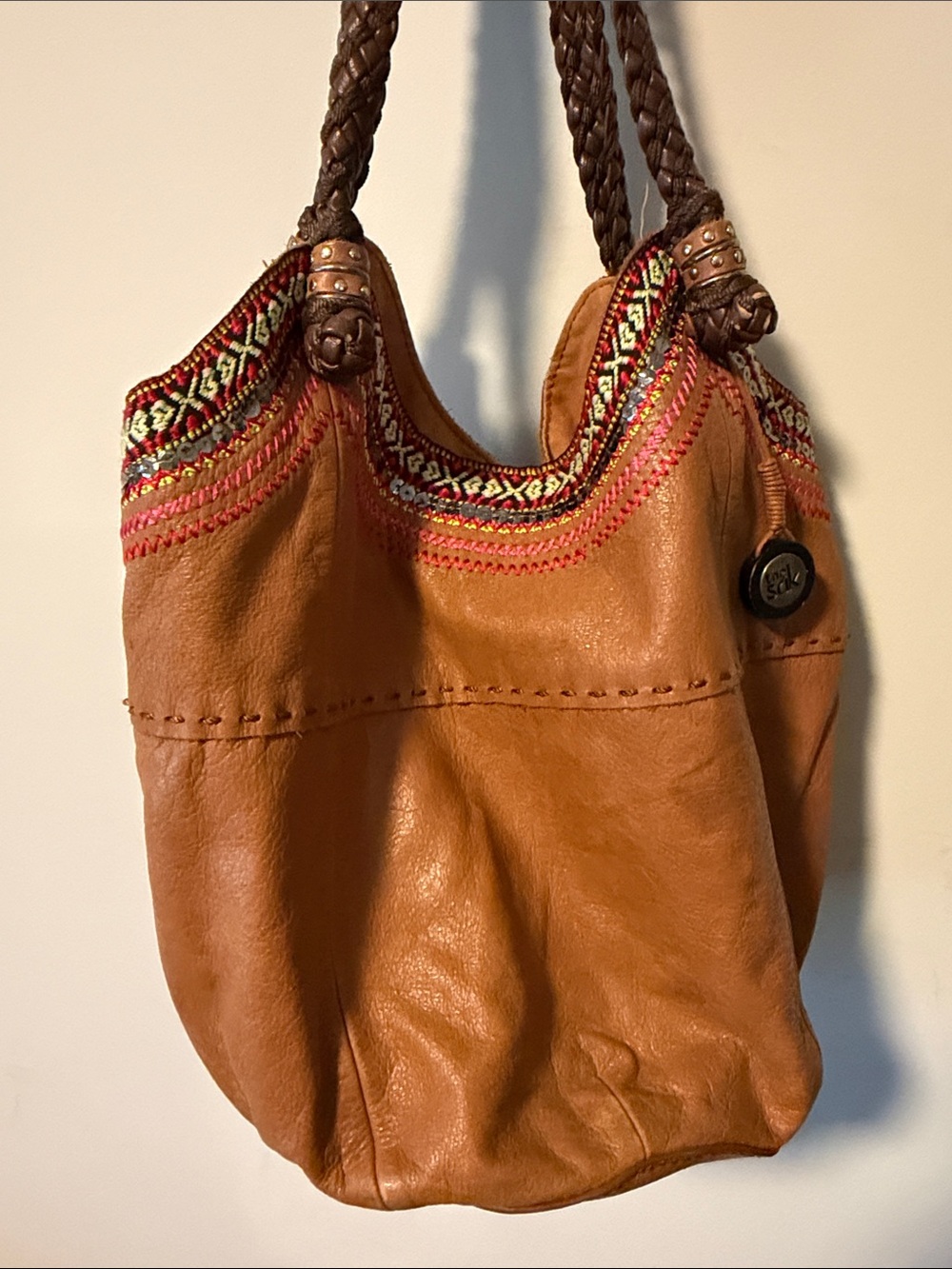 The Sak Indio Leather Embroidered Boho Hobo Shoulder Bag Cognac EUC - Picture 6 of 6